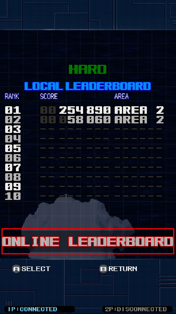 Screenshot: Missile Dancer local leaderboards of Arcade mode at Hard difficulty showing the stage-by-stage scoring details